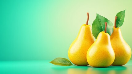 Three Fresh Yellow Pears with Green Leaves on Turquoise Background
