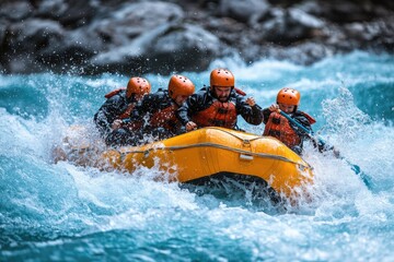 Group of friends is rafting in the river and enjoying the moment
