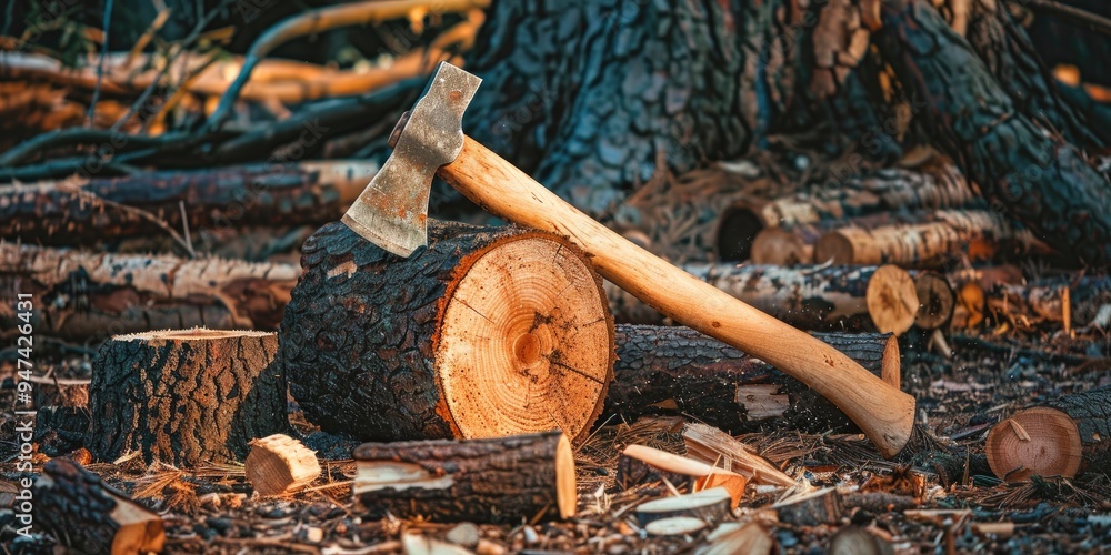 Aufkleber ancient axe stuck in a log with nearby bits of wood from a hatchet splitting stumps and cut logs arr