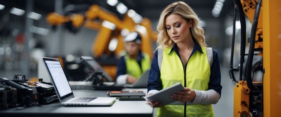 Woman Engineer Using a Tablet in a Factory with Robots