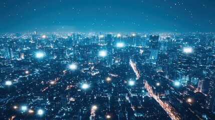 Fototapeta premium Cityscape at Night with Glowing Network Connections
