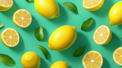 Fresh Lemons with Green Leaves on Turquoise Background