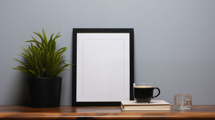 A simple and minimalist black frame mockup leans against the wall of an office. Generative ai