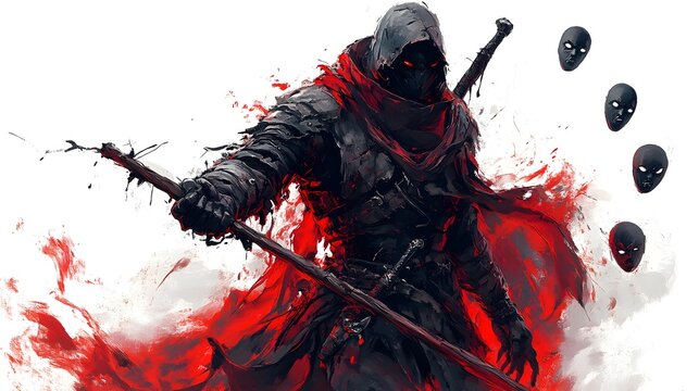 A cursed vampire hunter in torn armor, gripping a broken stake, eerie Halloween masks floating around, digital painting, isolated on white background