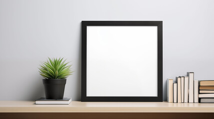 A simple and minimalist black frame mockup leans against the wall of an office. Generative ai