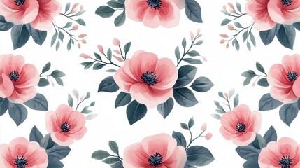 Watercolor Floral Seamless Pattern   Pink Flowers   Green Leaves on White Background