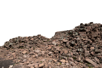 Ancient ruins. The remains of antique brick walls. Piles of old rotten stones on white background.