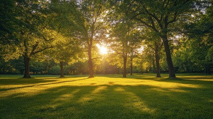 Obraz premium Serene Morning in a Sunlit Park - Peaceful Nature Scene with Green Trees and Warm Light Illuminating Nature Beauty