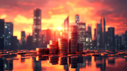 Fototapeta premium Currency stacks and city skyline background
