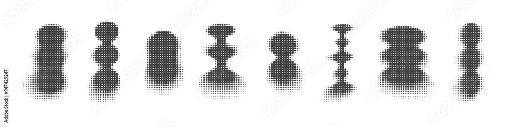 Poster abstract dotwork trendy shapes collection. halftone pixel dotted style retro brutalist elements set.