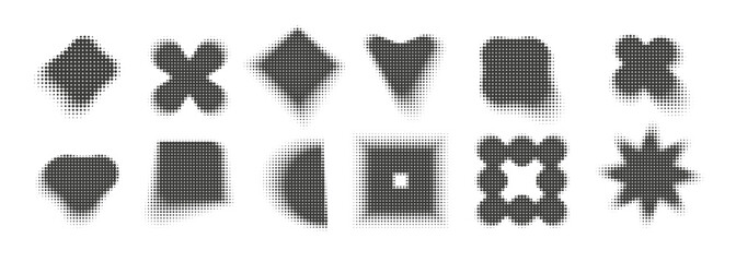 Abstract dotwork trendy shapes collection. Halftone pixel dotted style retro brutalist elements set. 