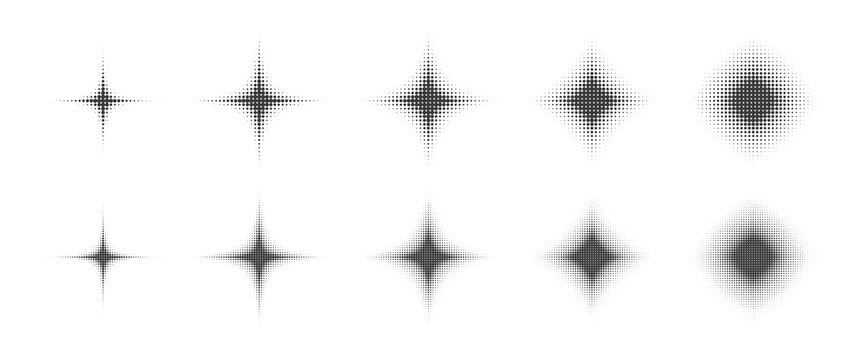 Halftone dots star set. Dotted grain starburst collection. Noise texture stippled sparkles