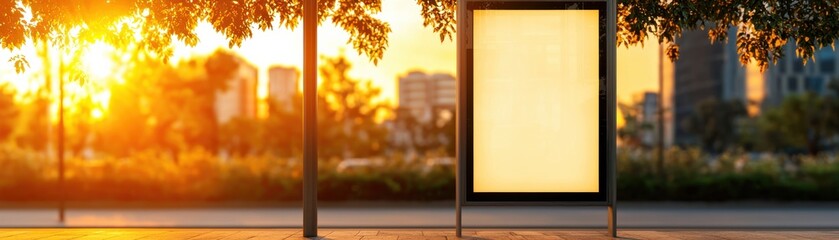 A serene sunset view featuring a blank billboard surrounded by trees and urban buildings, perfect for creative advertising.