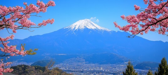 Snow peak mountain and sakura tree. Generative AI technology.	
