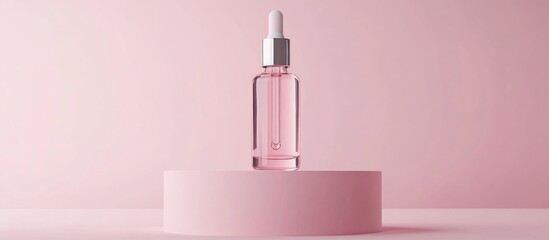 Cosmetic serum dropper bottle displayed on a podium against a pastel pink background showcasing care product packaging and branding 3D illustration