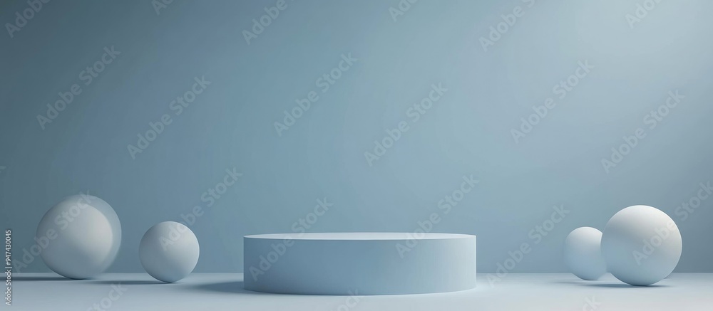 Poster Minimalist blue podium for product display with geometric sphere shapes in the background Empty template featuring cylinder shape Blank stage for mockup presentation 3D rendered illustration