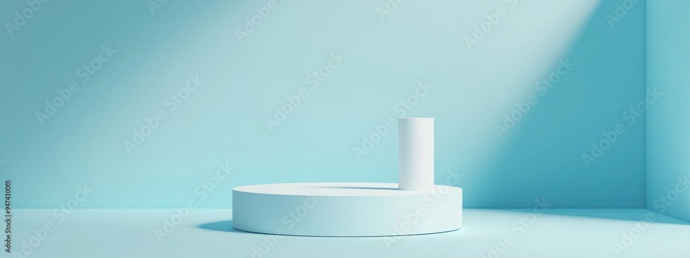 Poster minimalist cosmetic display on light blue background featuring a 3d rendered podium showcasing a whi
