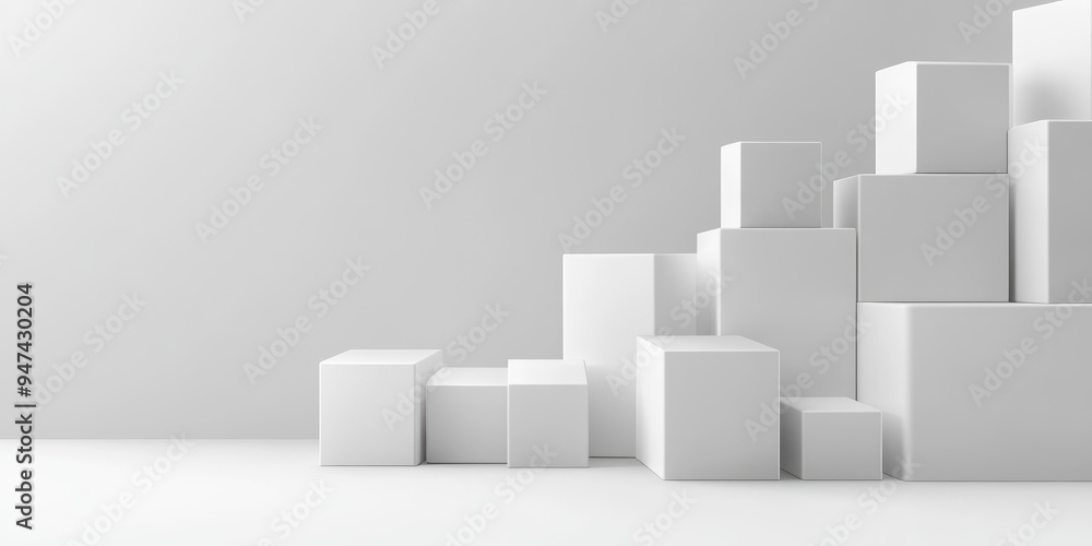Poster White cube boxes on a white backdrop for presentation 3D rendering