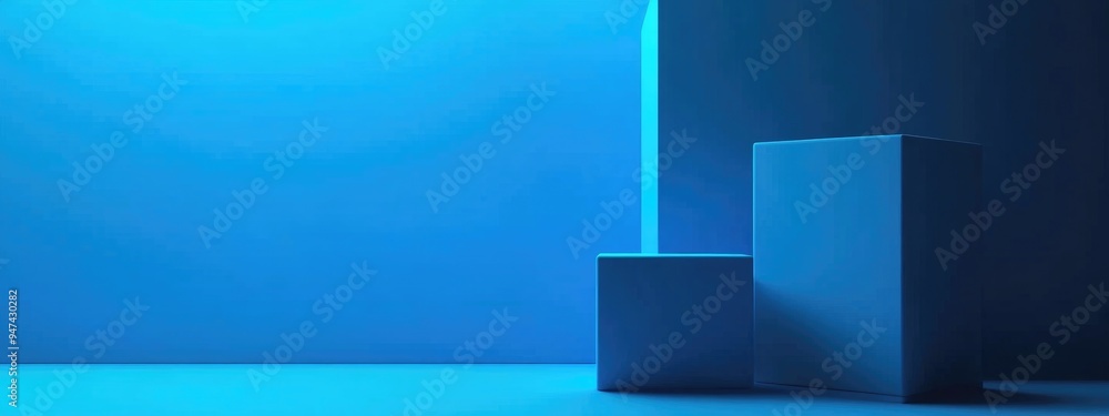 Poster Blue Cube Display with Blank Template Two Cubes Stand in 3D Render