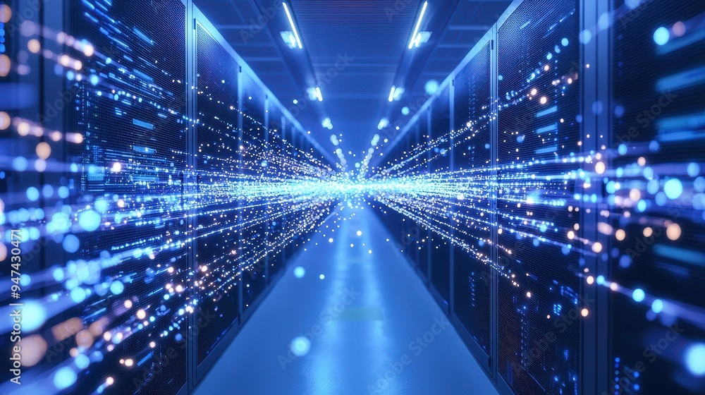 Poster data center server room with blue light and data flow