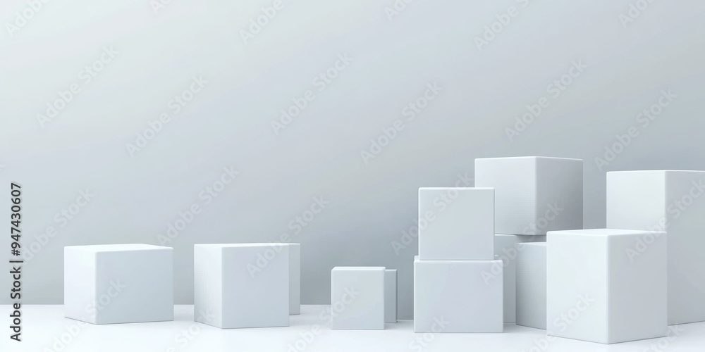 Poster White cube boxes on a white backdrop for presentation 3D rendering