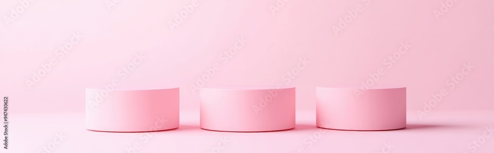 Poster three pink cylindrical podiums on a solid background pastel geometric round realistic pedestals cosm