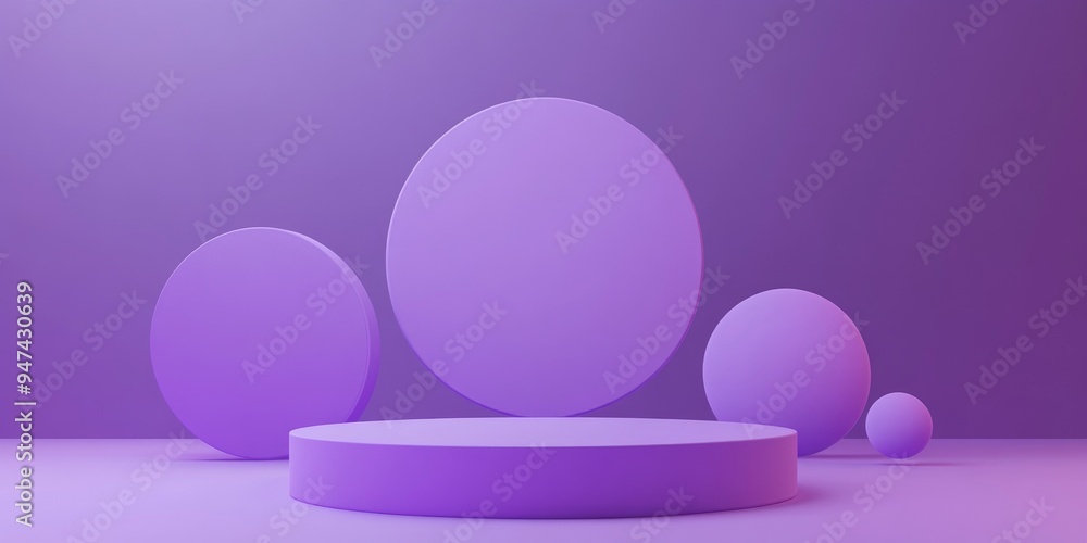 Poster geometric shapes on a white podium with a purple backdrop in a simple 3d render illustration