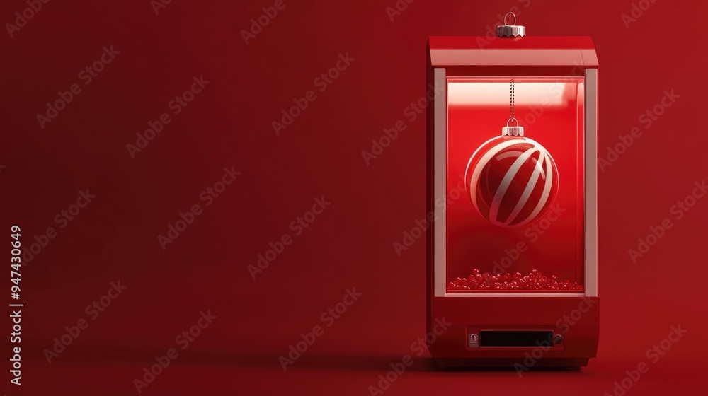 Poster Minimal abstract Christmas design for web banner featuring a red striped bauble captured by a toy claw machine against a red backdrop 3D rendering illustration with clipping path for each element