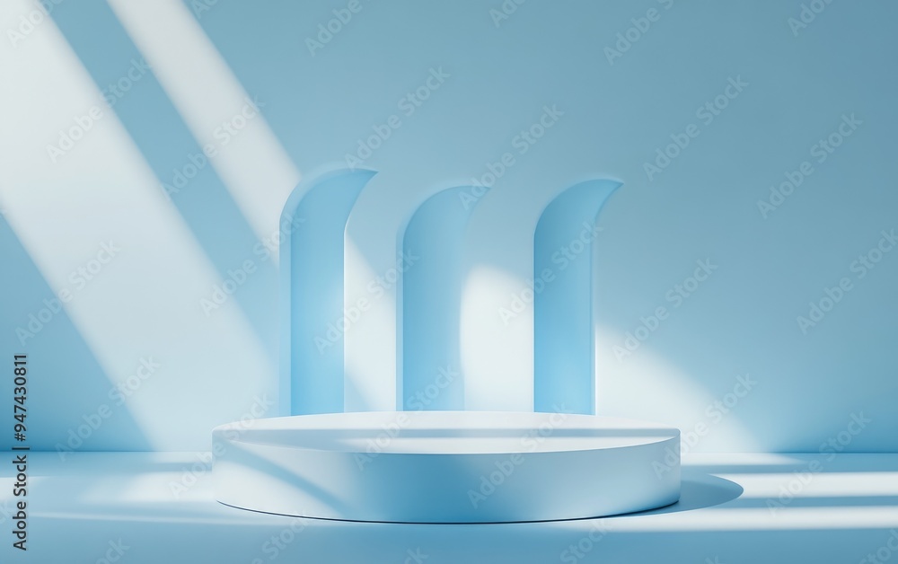 Poster Minimal product display stand casting a shadow Mock up podium in an abstract composition of white and blue pastel 3D rendering 3D illustration