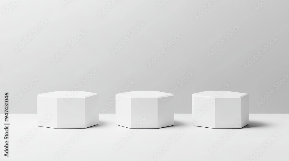 Aufkleber three blank white hexagon pedestals with a white background 3d illustration for product presentation