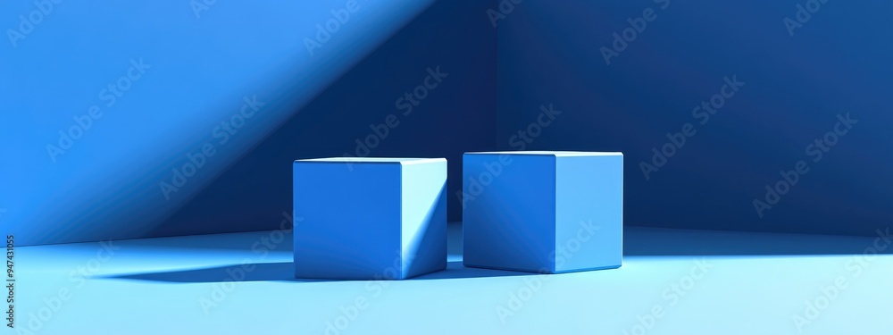 Poster Blue Cube Display with Blank Template Two Cubes Stand in 3D Render