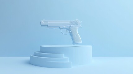 Plastic water gun toy displayed on a cylindrical podium with steps against a monochrome backdrop 3D render showcasing a product related to beach accessories and summer themes