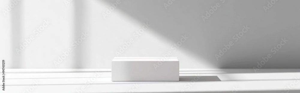 Canvas Prints White cube podium platform isolated on a geometric background with a blank box for minimal display or empty rectangular pedestal for perspective mockup presentation concept