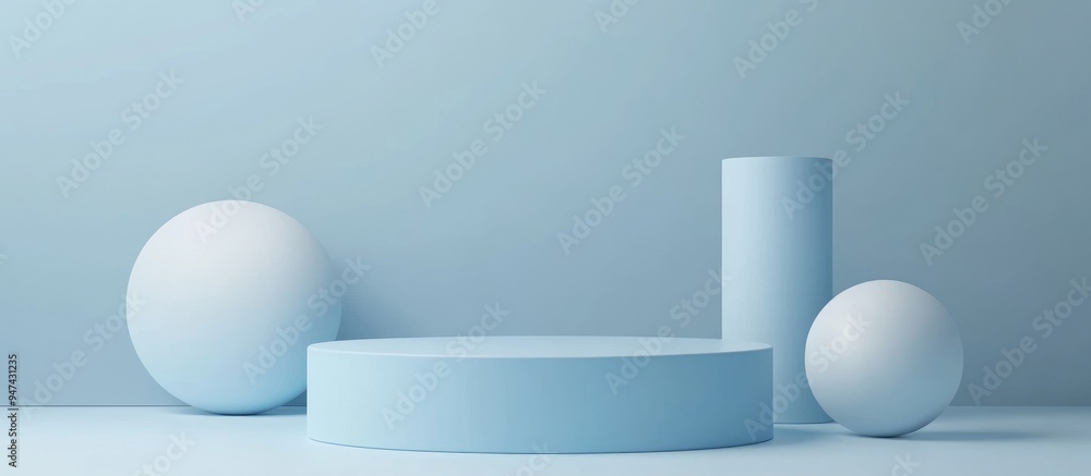 Poster Minimalist blue podium for product display with geometric sphere shapes in the background Empty template featuring cylinder shape Blank stage for mockup presentation 3D rendered illustration