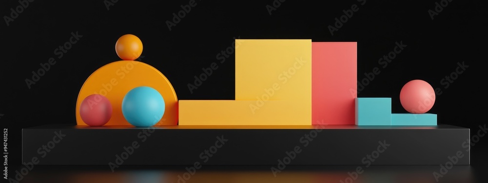 Aufkleber Colorful minimalistic empty display featuring abstract and primitive geometric shapes on a black isolated background Front view 3D rendering mockup