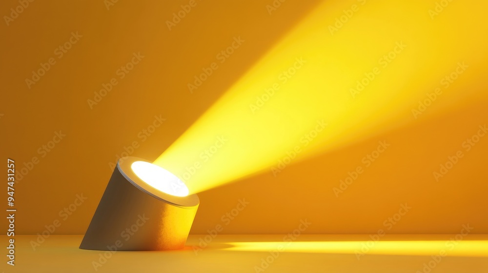 Aufkleber abstract flashlight emitting a polygonal beam onto a podium against a yellow backdrop 3d rendering i