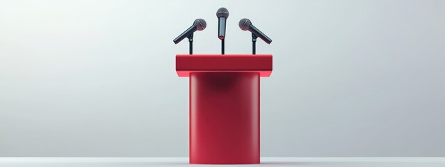 3D speaker podium with microphones Red rostrum stand rendered in isolation on a white background Concept of debate and press conference