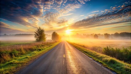 Ground road disappearing into fog at sunrise, fog, sunrise, misty, road, vanishing, mysterious, atmospheric, tranquil