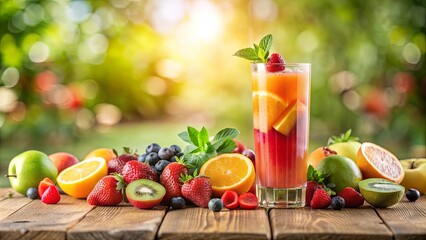 Refreshing summer mixed fruit juice in a tall glass with a variety of colorful fruits on a wooden table, summer, mixed fruit