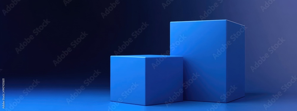Poster Blue Cube Display with Blank Template Two Cubes Stand in 3D Render