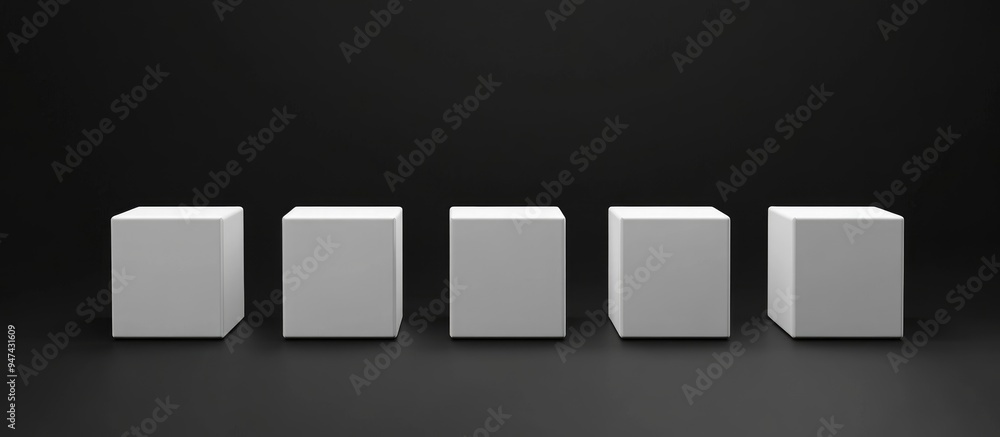 Poster Abstract arrangement of five white cubes within a minimalist black space 3D rendering illustration