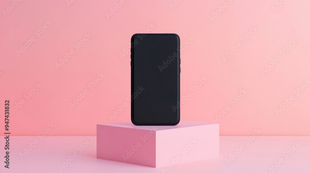 Fototapete Black smartphone on a creative square pedestal set against a light gradient background featuring a mock up display Ad concept 3D rendering