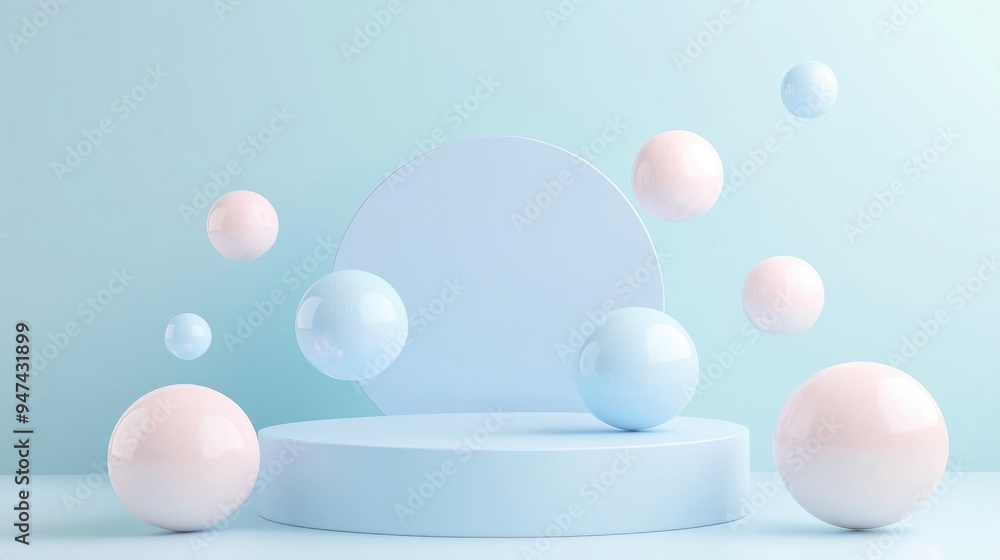 Poster light pastel baby blue 3d illustration featuring a minimalistic product display background with abst