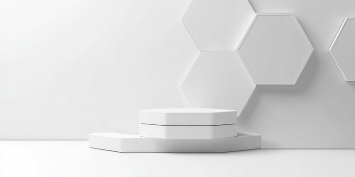Minimalist 3D hexagon podium in white and gray tones Abstract geometric shape rendering Ideal display for cosmetic and beauty fashion products