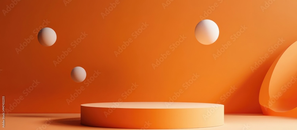 Poster minimal abstract composition featuring a podium and floating geometric shapes against an orange back