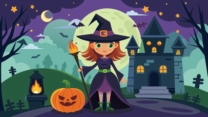 Cartoon Halloween witch in orange hat casts spell on pumpkin, moonlit night
