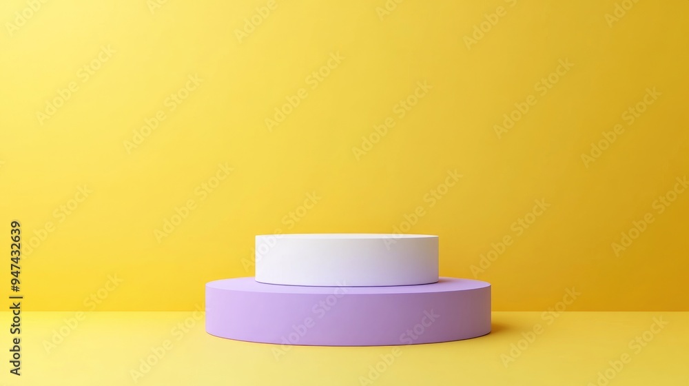 Poster abstract geometric shapes white and purple podium on a yellow background for product display minimal
