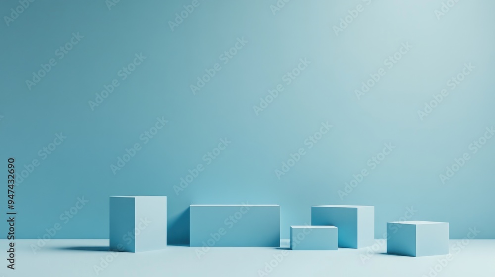 Aufkleber Studio setup featuring a light blue backdrop with cube pedestals of varying sizes 3D illustration and rendering concept for product displays