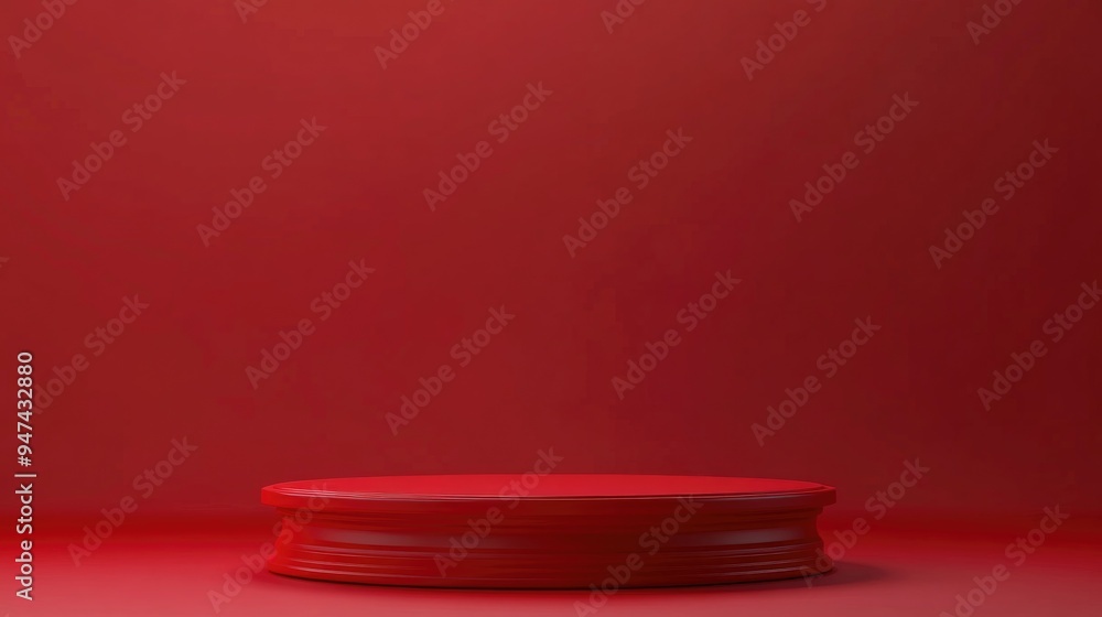Aufkleber Red pedestal on red background in side view Platform for design display Product promotion stand 3D rendering