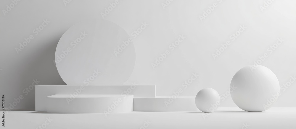 Poster Abstract 3D rendering featuring geometric shapes on a white background suitable for product presentation or mockup showcasing minimalistic design with ample empty space